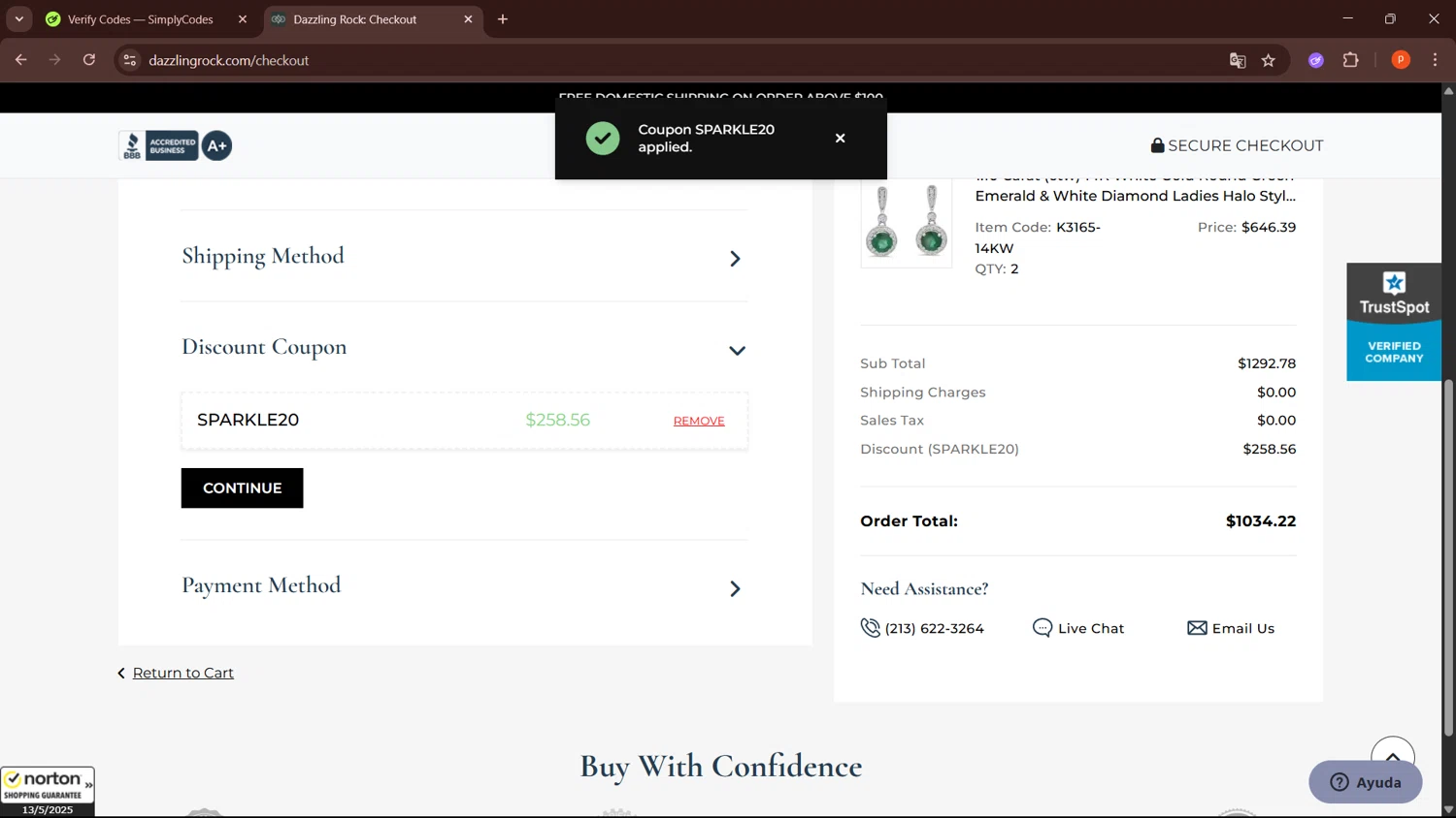 Dazzling Rock promo code screenshot showing code Sparkle20 applied at Dazzling Rock checkout page. Uploaded by SimplyCodes community member LegendaryPro3698 on May 13, 2025