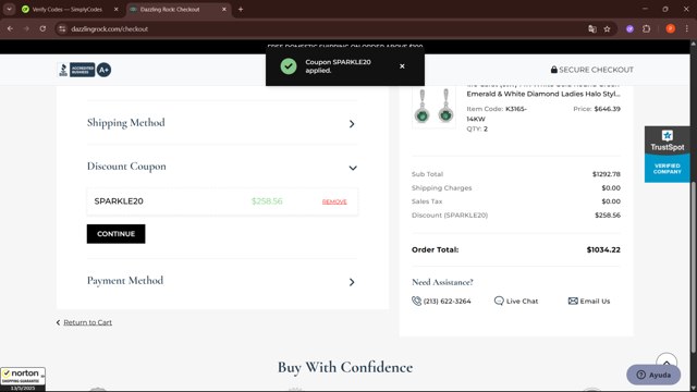 Dazzling Rock checkout page showing Dazzling Rock promo code box | Screenshot taken by SimplyCodes community member on May 13, 2025
