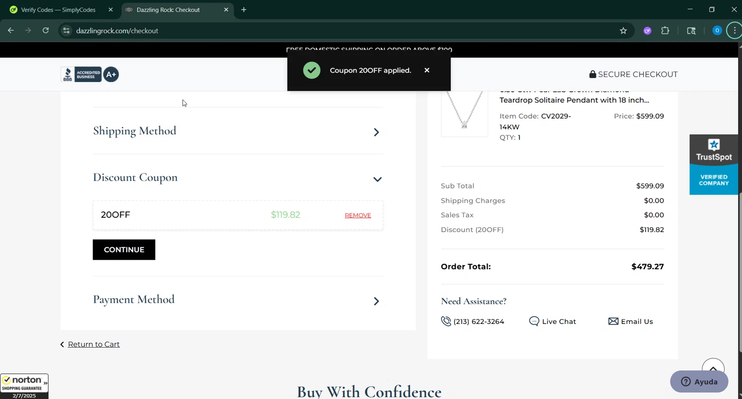 Dazzling Rock promo code screenshot showing code 20OFF applied at Dazzling Rock checkout page. Uploaded by SimplyCodes community member GoldAdmiral5202 on Jul 2, 2025