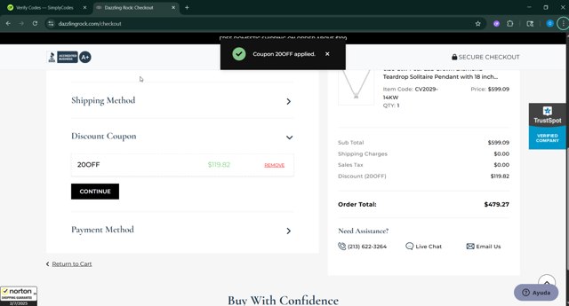 Dazzling Rock checkout page showing Dazzling Rock promo code box | Screenshot taken by SimplyCodes community member on Jul 2, 2025