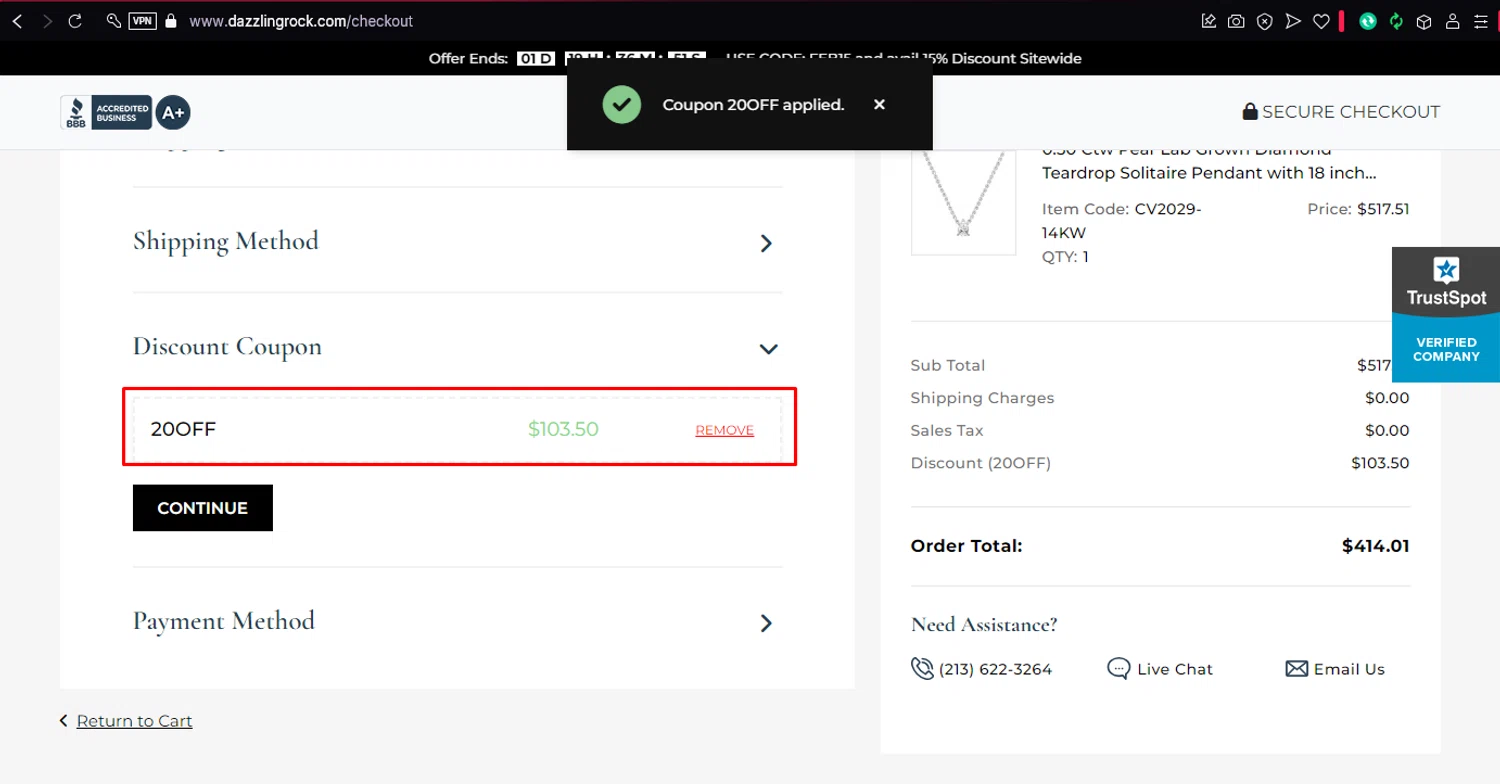 Dazzling Rock promo code screenshot showing code 20OFF applied at Dazzling Rock checkout page. Uploaded by SimplyCodes community member dtavoplomeria on Feb 27, 2025