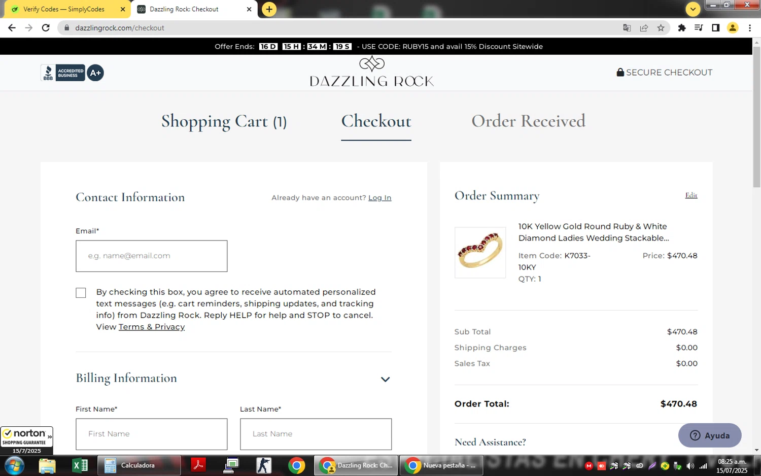 Dazzling Rock promo code screenshot showing code usa249 applied at Dazzling Rock checkout page. Uploaded by SimplyCodes community member QuestSage1300 on Jul 15, 2025