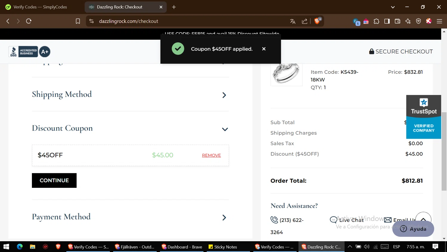 Dazzling Rock promo code screenshot showing code $45OFF applied at Dazzling Rock checkout page. Uploaded by SimplyCodes community member ThriftyGenius6699 on Mar 12, 2025