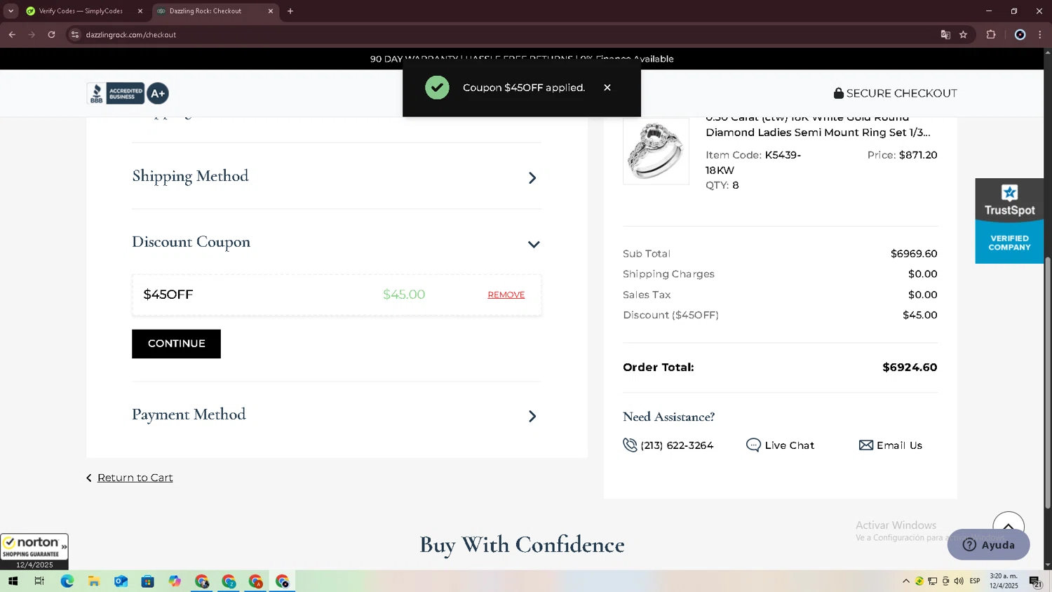 Dazzling Rock promo code screenshot showing code $45OFF applied at Dazzling Rock checkout page. Uploaded by SimplyCodes community member jessrodrguez2 on Apr 12, 2025