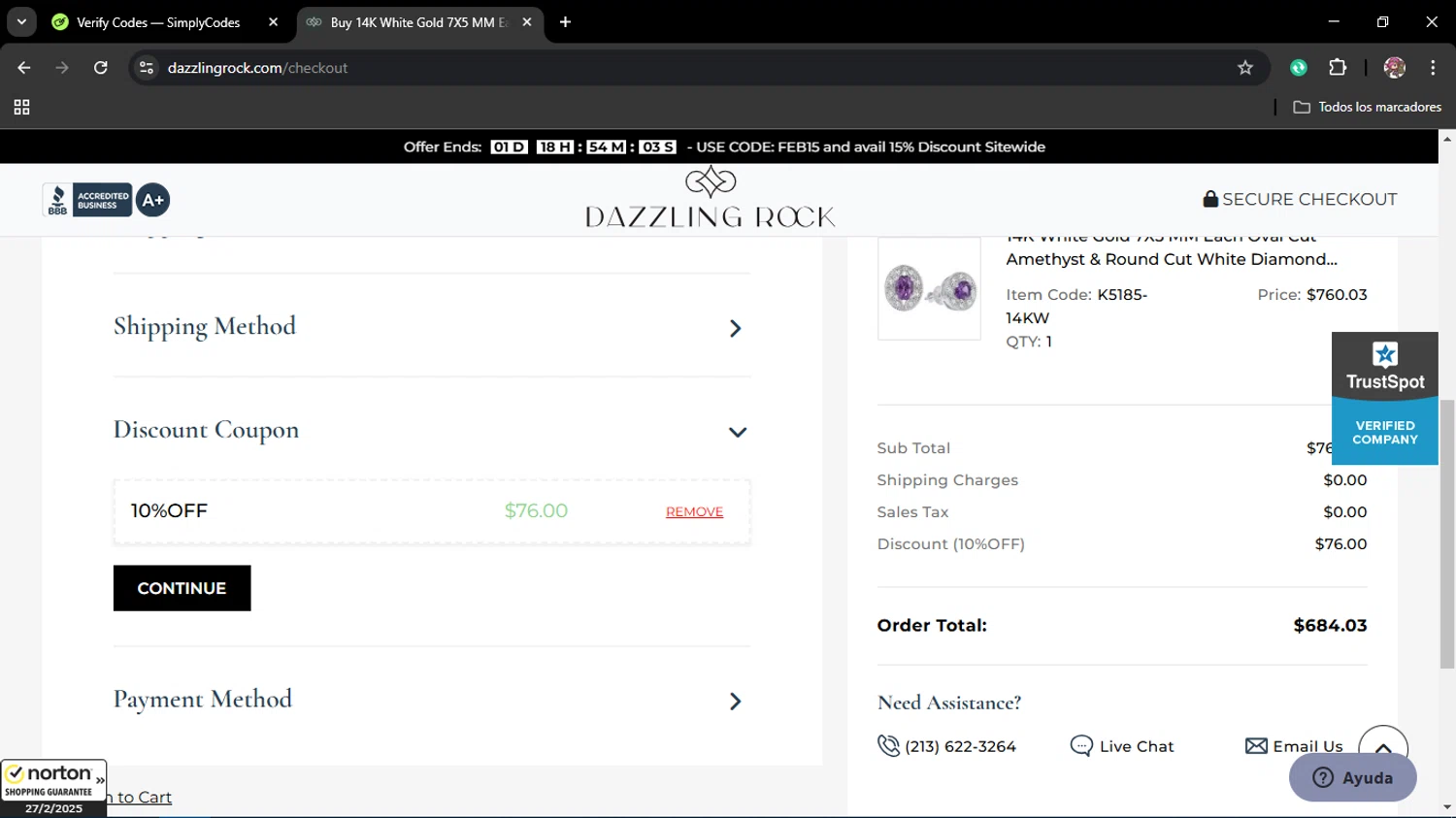Dazzling Rock promo code screenshot showing code 10%OFF applied at Dazzling Rock checkout page. Uploaded by SimplyCodes community member Juliet on Feb 27, 2025