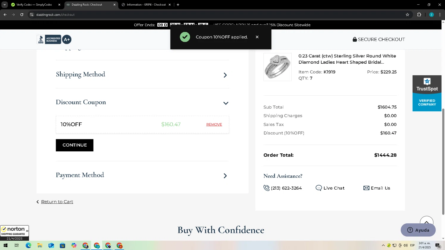 Dazzling Rock promo code screenshot showing code 10%OFF applied at Dazzling Rock checkout page. Uploaded by SimplyCodes community member Zxdqui on Apr 21, 2025