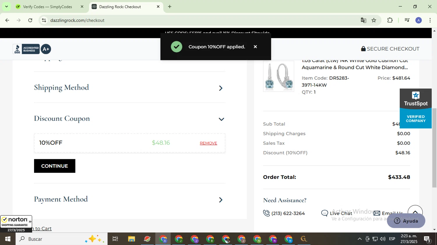 Dazzling Rock promo code screenshot showing code 10%OFF applied at Dazzling Rock checkout page. Uploaded by SimplyCodes community member TreasureCaptain5531 on Mar 27, 2025
