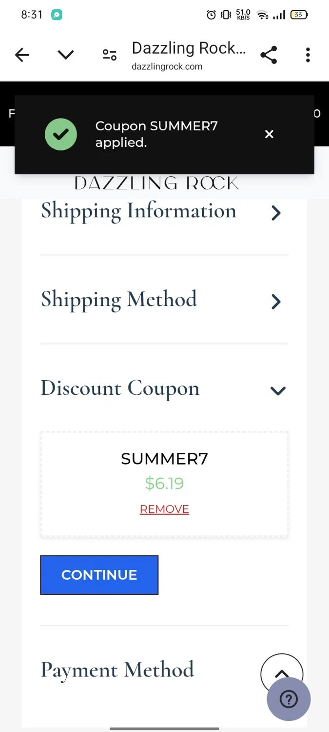 Dazzling Rock promo code screenshot showing code Summer7 applied at Dazzling Rock checkout page. Uploaded by SimplyCodes community member Runner on Aug 15, 2025