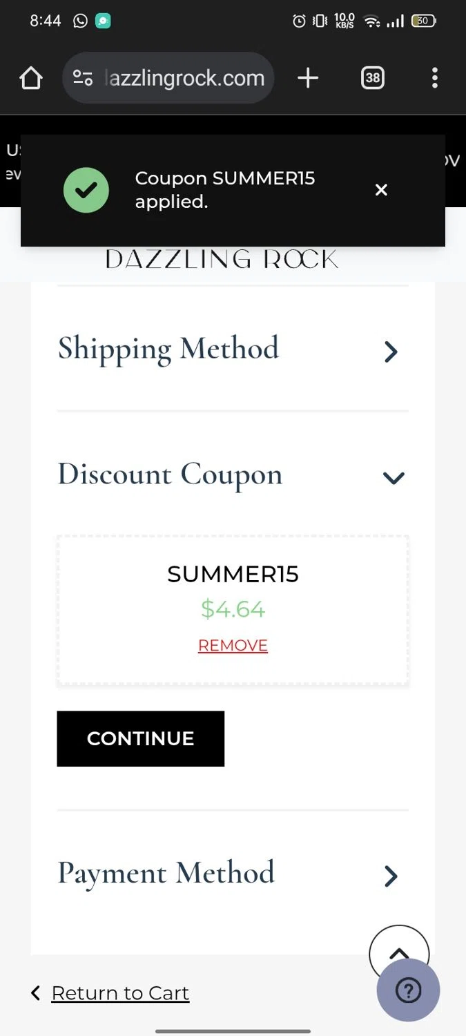 Dazzling Rock promo code screenshot showing code Summer15 applied at Dazzling Rock checkout page. Uploaded by SimplyCodes community member Runner on Aug 15, 2025