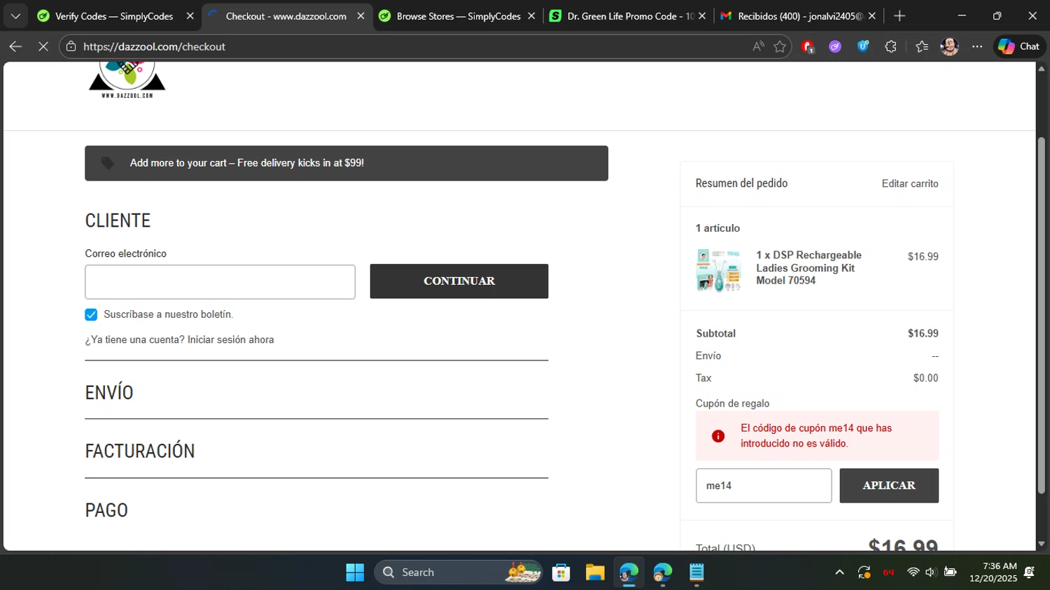 Dazzool promo code screenshot showing code me14 applied at Dazzool checkout page. Uploaded by SimplyCodes community member Blackleg_Sanji on Dec 20, 2025