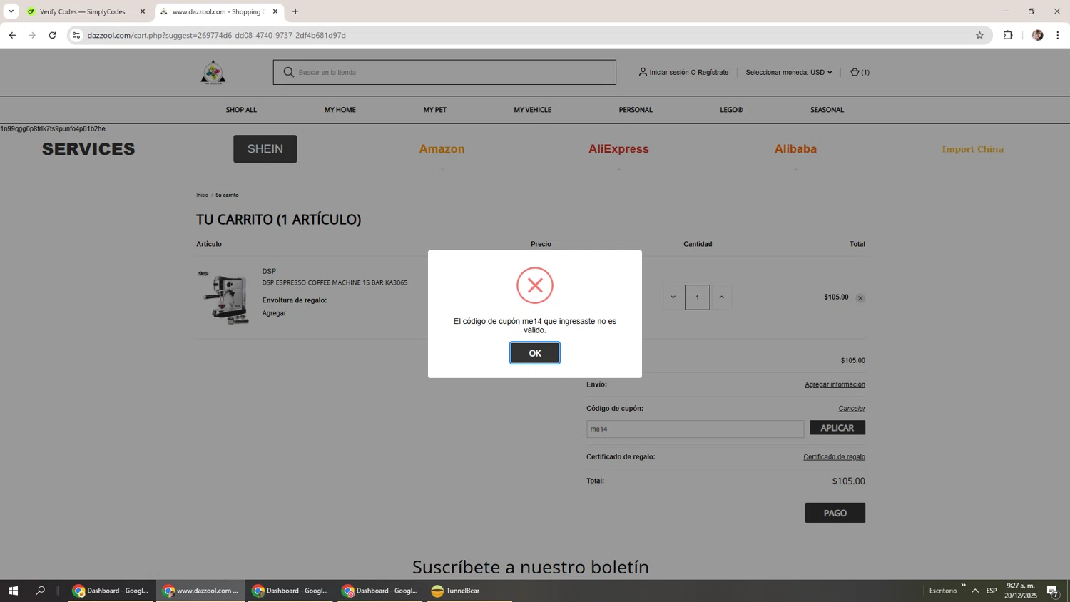 Dazzool promo code screenshot showing code me14 applied at Dazzool checkout page. Uploaded by SimplyCodes community member Levi_Ackerman on Dec 20, 2025