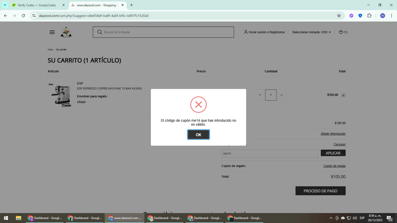 Dazzool promo code screenshot showing code me14 applied at Dazzool checkout page. Uploaded by SimplyCodes community member QuestDefender2661 on Dec 20, 2025