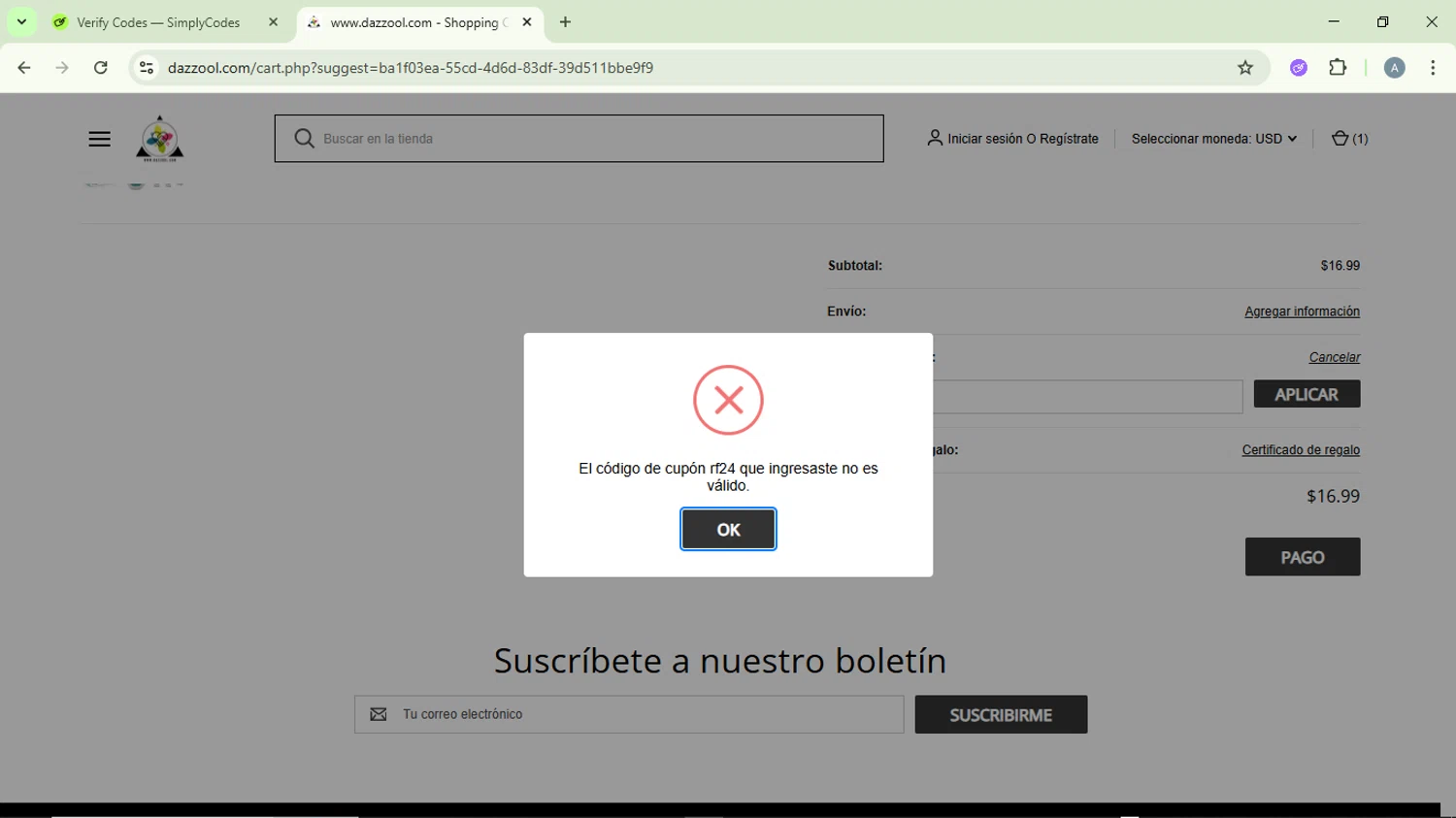 Dazzool promo code screenshot showing code rf24 applied at Dazzool checkout page. Uploaded by SimplyCodes community member DiscountVirtuoso6243 on Jan 29, 2026