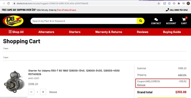 DB Electrical checkout page showing DB Electrical coupon code box | Screenshot taken by SimplyCodes community member on Sep 10, 2021
