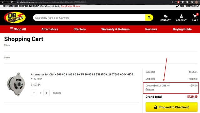 DB Electrical checkout page showing DB Electrical coupon code box | Screenshot taken by SimplyCodes community member on Jul 10, 2021