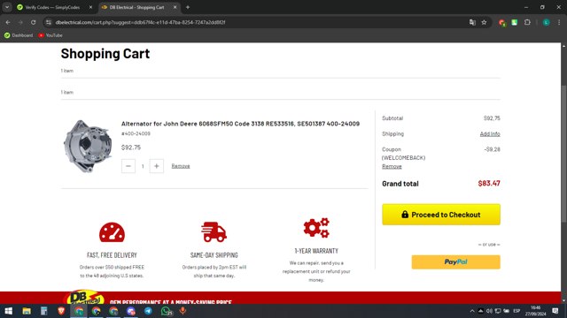 DB Electrical checkout page showing DB Electrical coupon code box | Screenshot taken by SimplyCodes community member on Sep 27, 2024