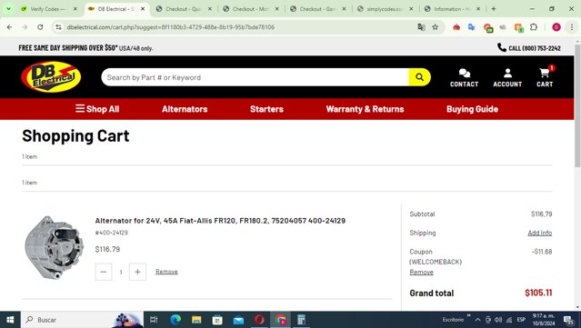 DB Electrical checkout page showing DB Electrical coupon code box | Screenshot taken by SimplyCodes community member on Aug 10, 2024