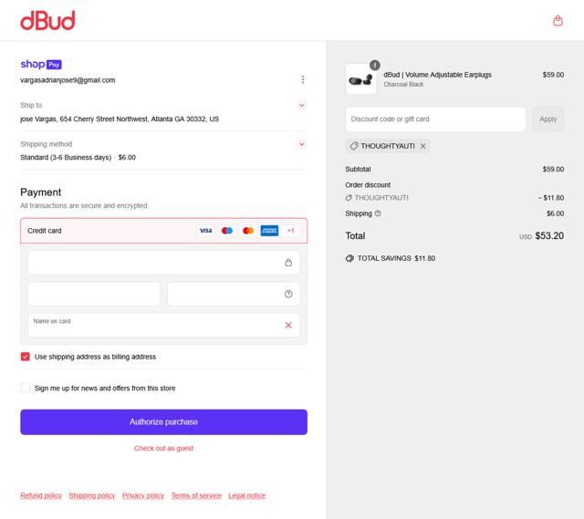 DBud checkout page showing DBud discount code box | Screenshot taken by SimplyCodes community member on Apr 22, 2025