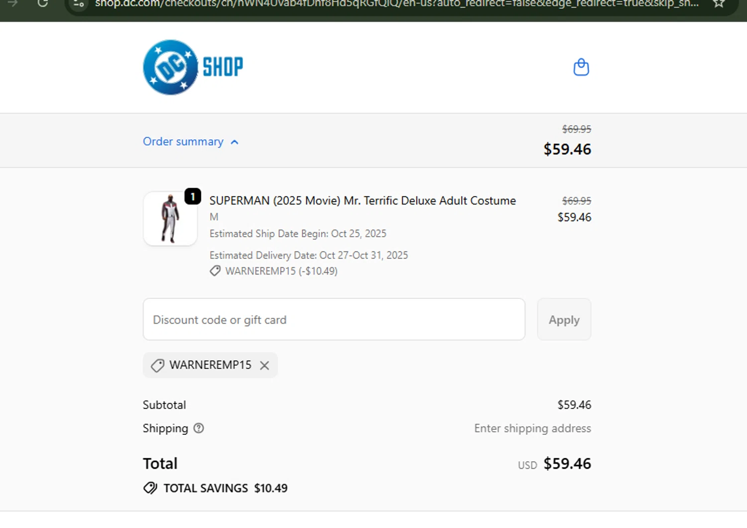 DC discount code screenshot showing code WARNEREMP15 applied at DC checkout page. Uploaded by SimplyCodes community member ShrewdBoss4152 on Oct 24, 2025