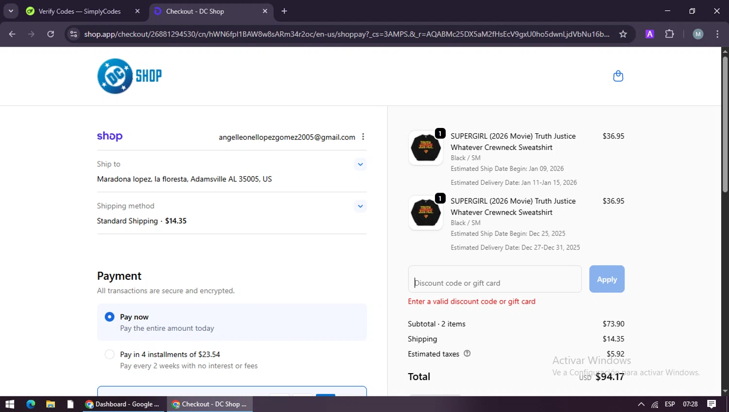 DC discount code screenshot showing code NEWYEAR15 applied at DC checkout page. Uploaded by SimplyCodes community member maraxo on Jan 5, 2026