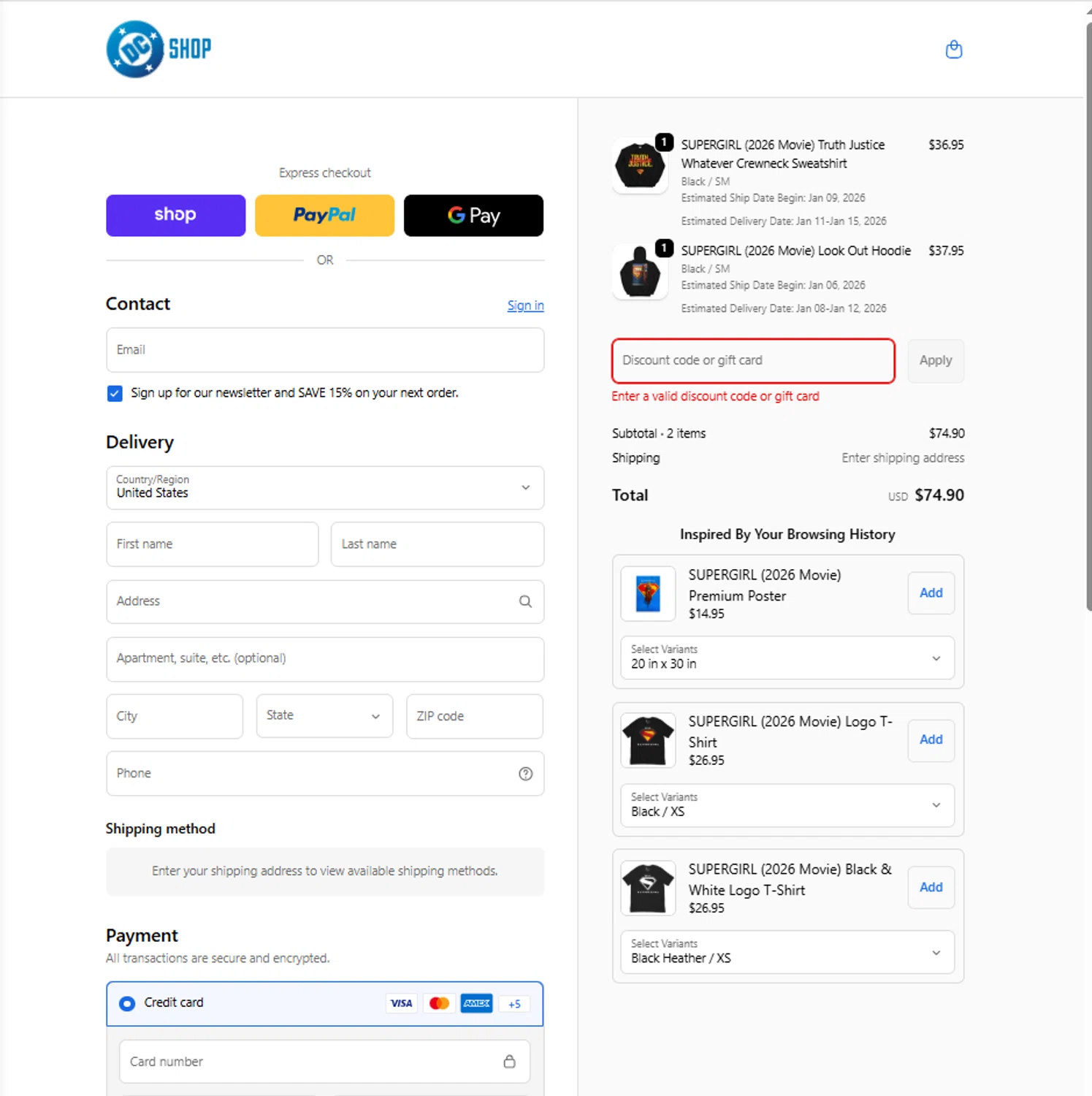 DC discount code screenshot showing code NEWYEAR15 applied at DC checkout page. Uploaded by SimplyCodes community member reggiesmith on Jan 5, 2026