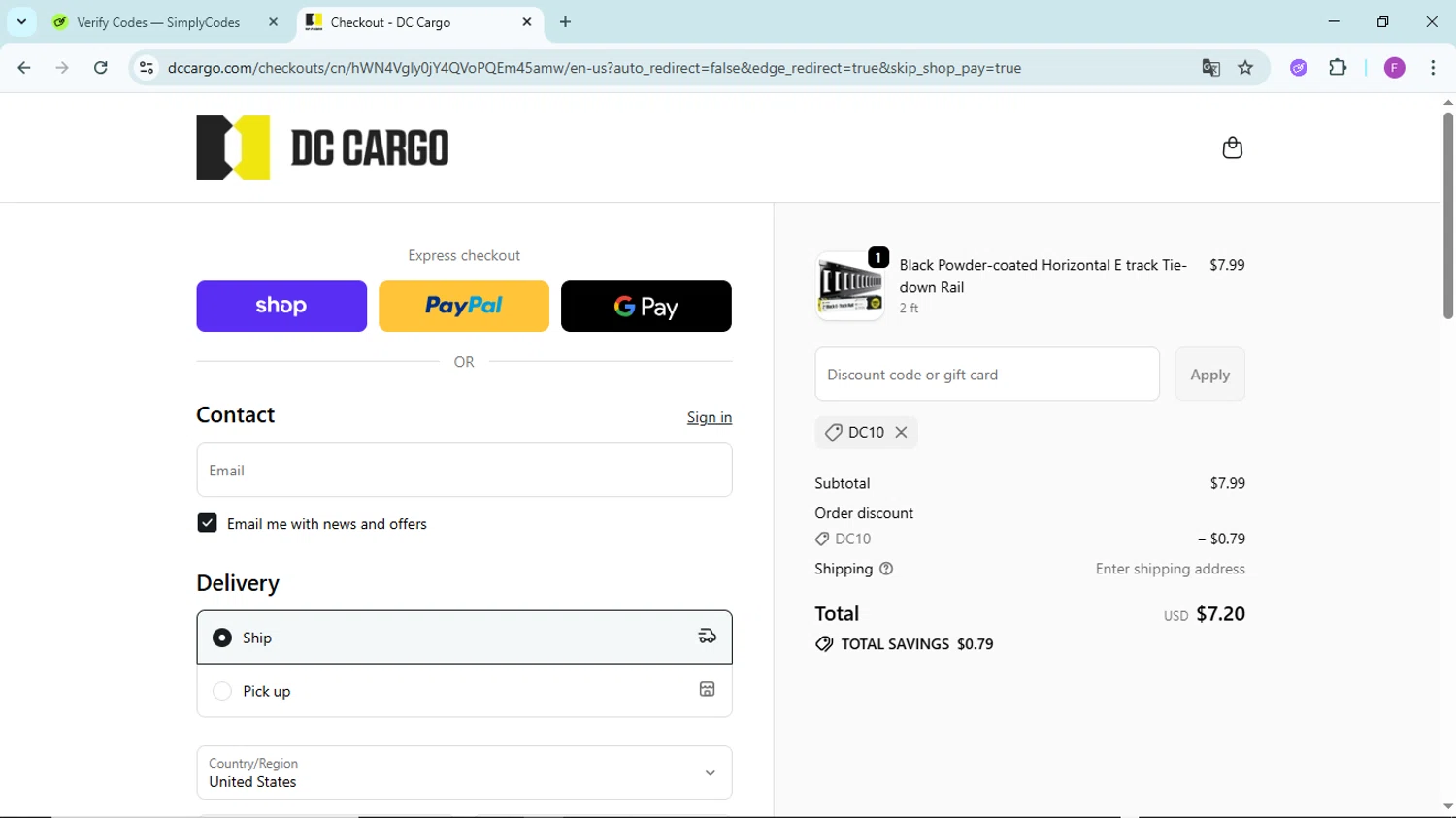 DC Cargo discount code screenshot showing code DC10 applied at DC Cargo checkout page. Uploaded by SimplyCodes community member ShieldTitan6985 on Oct 25, 2025