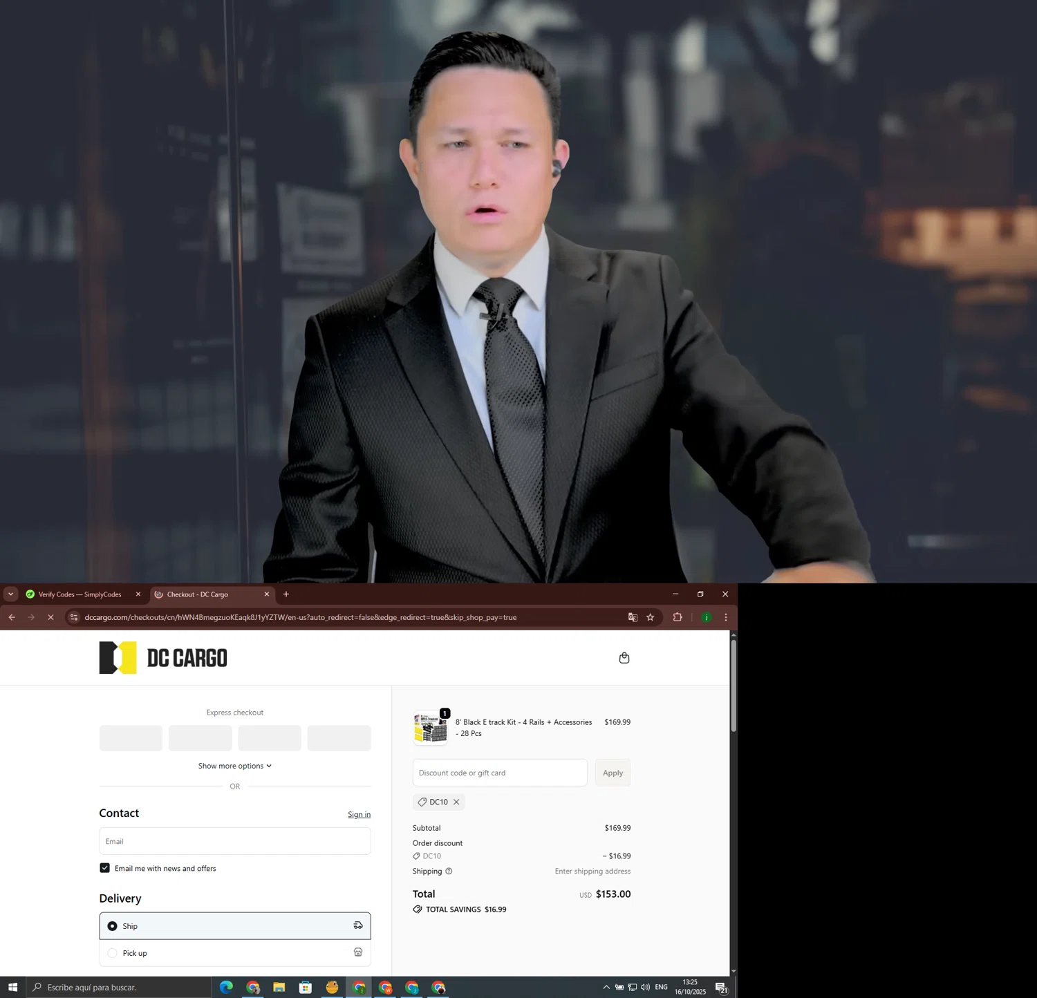 DC Cargo discount code screenshot showing code DC10 applied at DC Cargo checkout page. Uploaded by SimplyCodes community member jorgeroz on Oct 16, 2025