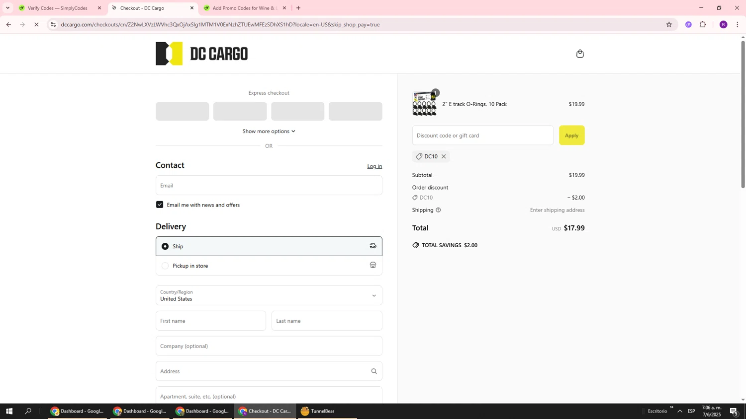 DC Cargo discount code screenshot showing code DC10 applied at DC Cargo checkout page. Uploaded by SimplyCodes community member ukemochi on Jun 7, 2025