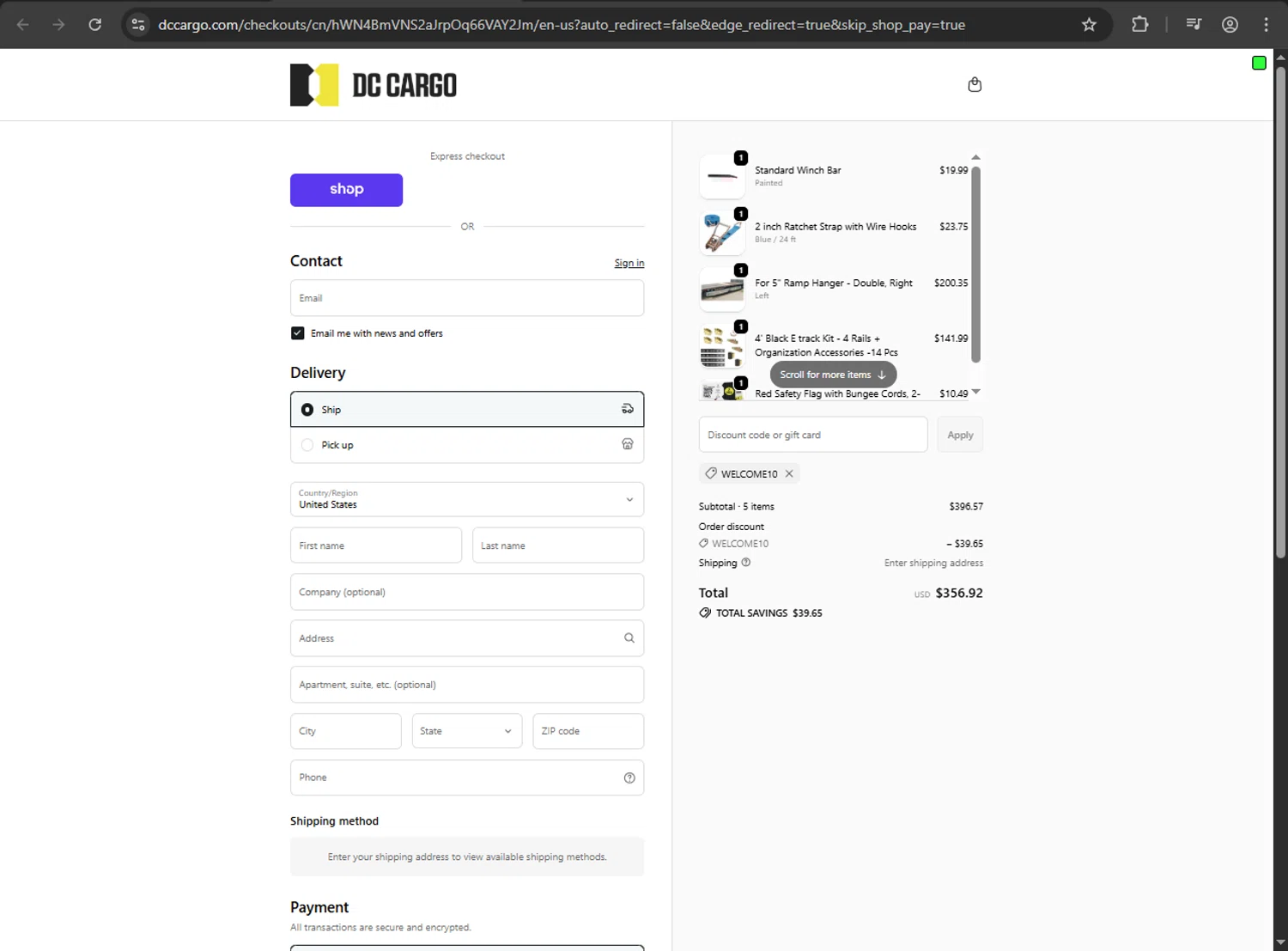DC Cargo discount code screenshot showing code WELCOME10 applied at DC Cargo checkout page. Uploaded by SimplyCodes community member Niideamrk on Oct 16, 2025
