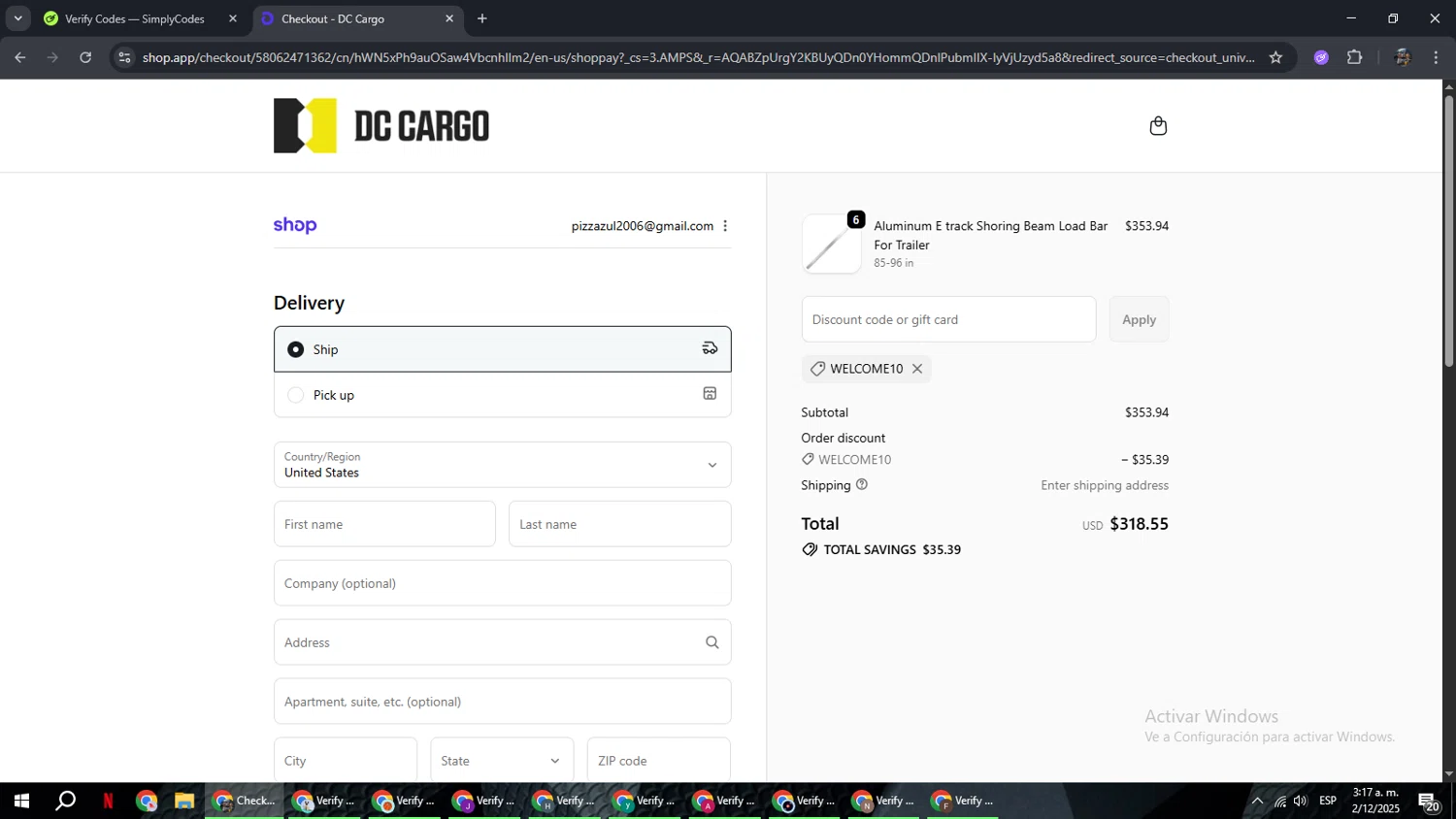 DC Cargo discount code screenshot showing code WELCOME10 applied at DC Cargo checkout page. Uploaded by SimplyCodes community member xxdddd on Dec 2, 2025