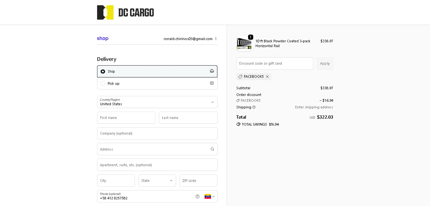DC Cargo discount code screenshot showing code FACEBOOK5 applied at DC Cargo checkout page. Uploaded by SimplyCodes community member GoldAce6962 on Dec 13, 2025