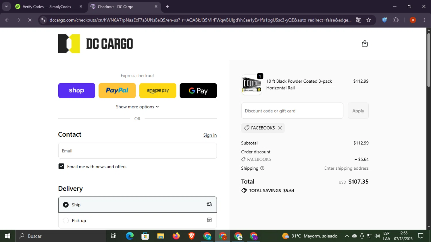 DC Cargo discount code screenshot showing code FACEBOOK5 applied at DC Cargo checkout page. Uploaded by SimplyCodes community member Scottcawthon on Dec 7, 2025