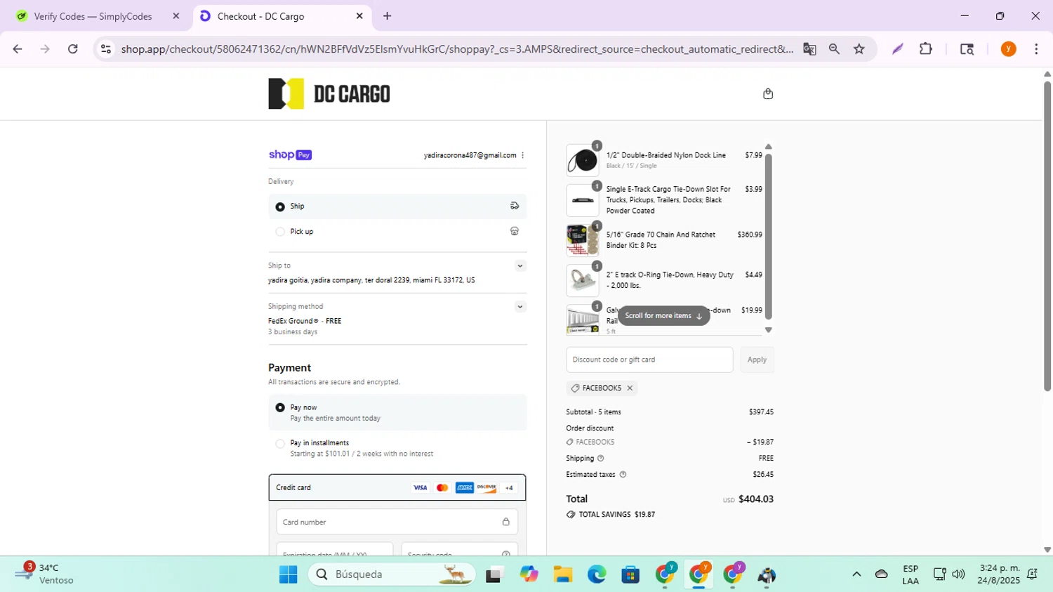 DC Cargo discount code screenshot showing code FACEBOOK5 applied at DC Cargo checkout page. Uploaded by SimplyCodes community member ycg487 on Aug 24, 2025