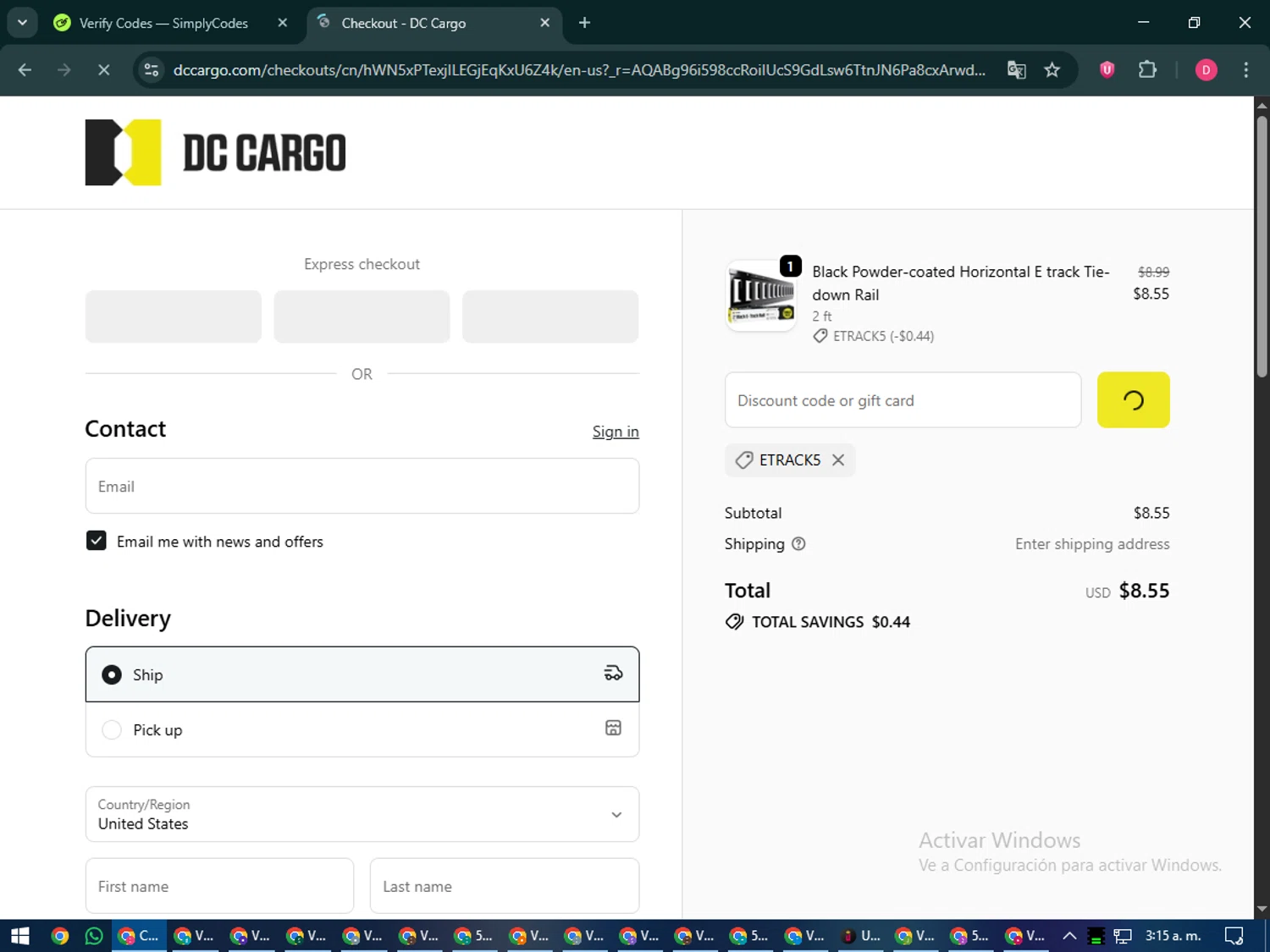 DC Cargo discount code screenshot showing code ETRACK5 applied at DC Cargo checkout page. Uploaded by SimplyCodes community member MoneySeeker7165 on Dec 2, 2025