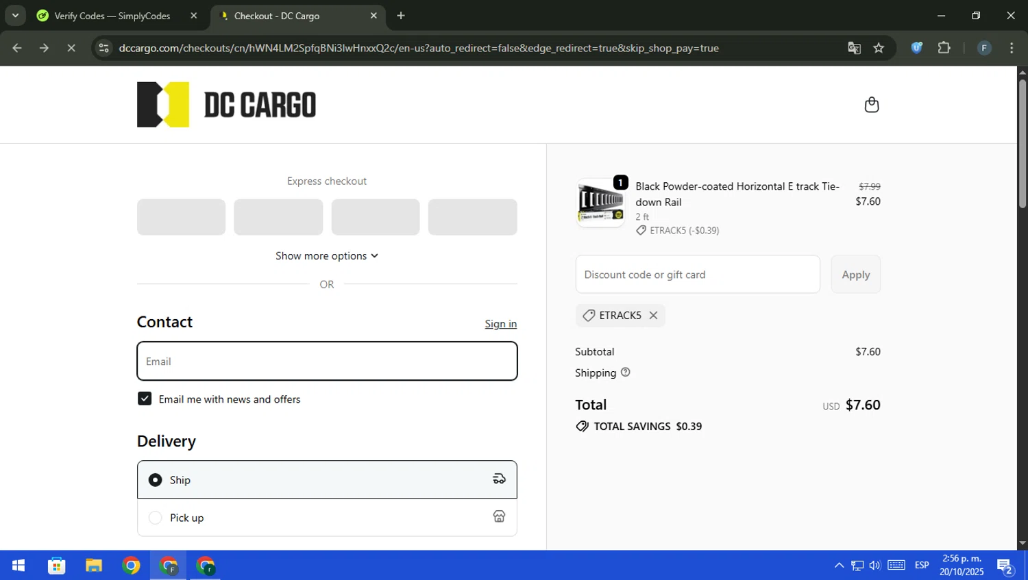 DC Cargo discount code screenshot showing code ETRACK5 applied at DC Cargo checkout page. Uploaded by SimplyCodes community member pajarito on Oct 20, 2025