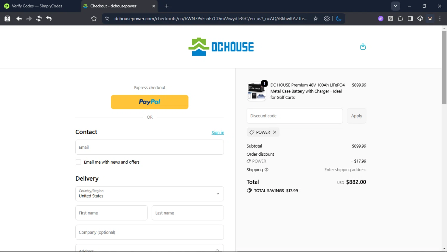 DC HOUSE discount code screenshot showing code POWER applied at DC HOUSE checkout page. Uploaded by SimplyCodes community member BrilliantTitan6909 on Jan 9, 2026