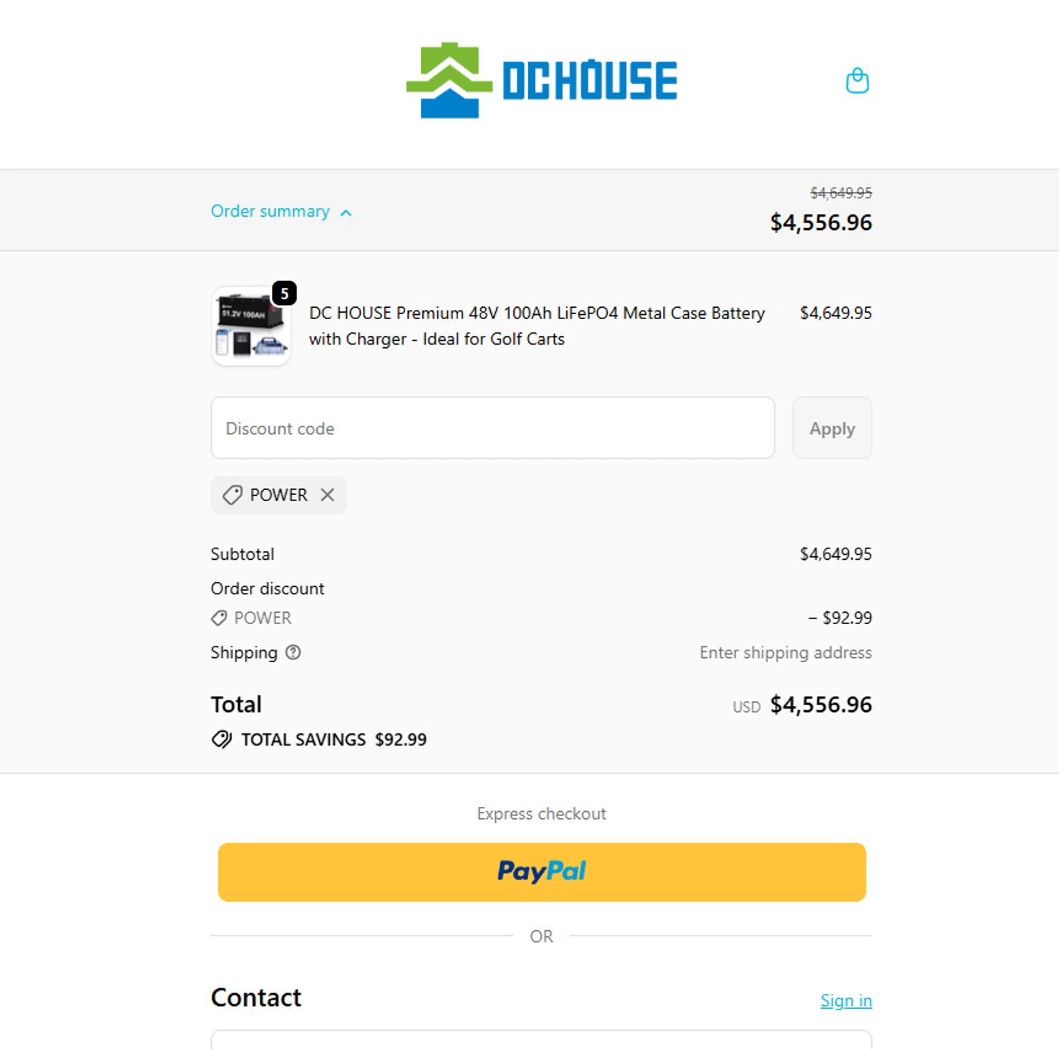 DC HOUSE discount code screenshot showing code POWER applied at DC HOUSE checkout page. Uploaded by SimplyCodes community member Emil05111429 on Feb 7, 2026
