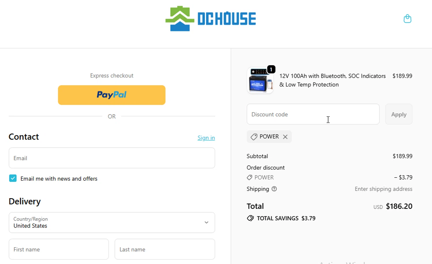DC HOUSE discount code screenshot showing code POWER applied at DC HOUSE checkout page. Uploaded by SimplyCodes community member ligthYA on Jan 23, 2026