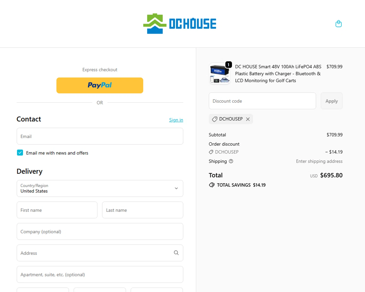 DC HOUSE discount code screenshot showing code DCHOUSEP applied at DC HOUSE checkout page. Uploaded by SimplyCodes community member Corleone on Dec 21, 2025
