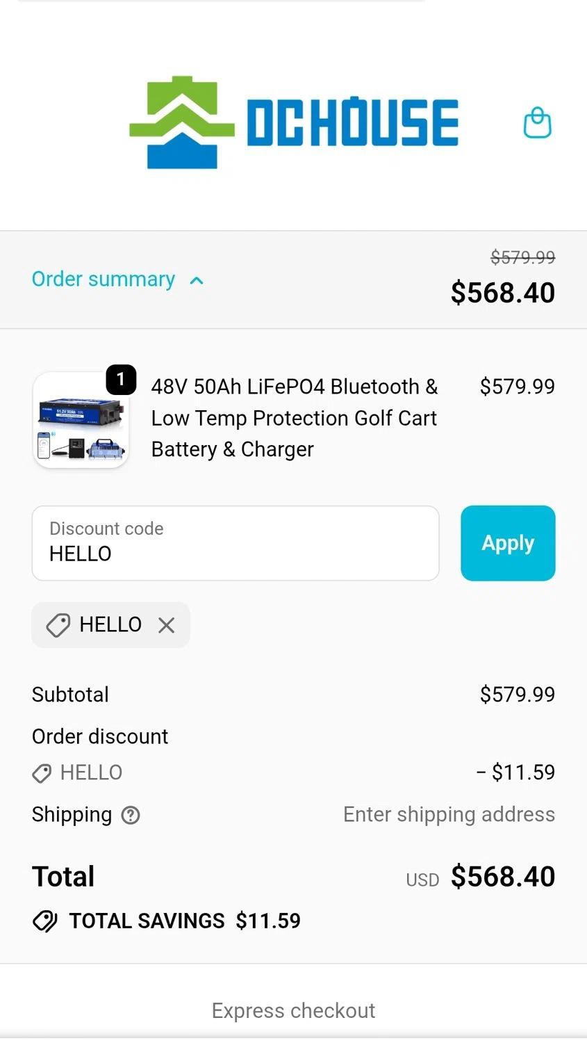 DC HOUSE discount code screenshot showing code HELLO applied at DC HOUSE checkout page. Uploaded by SimplyCodes community member JuanMonge on Oct 11, 2025