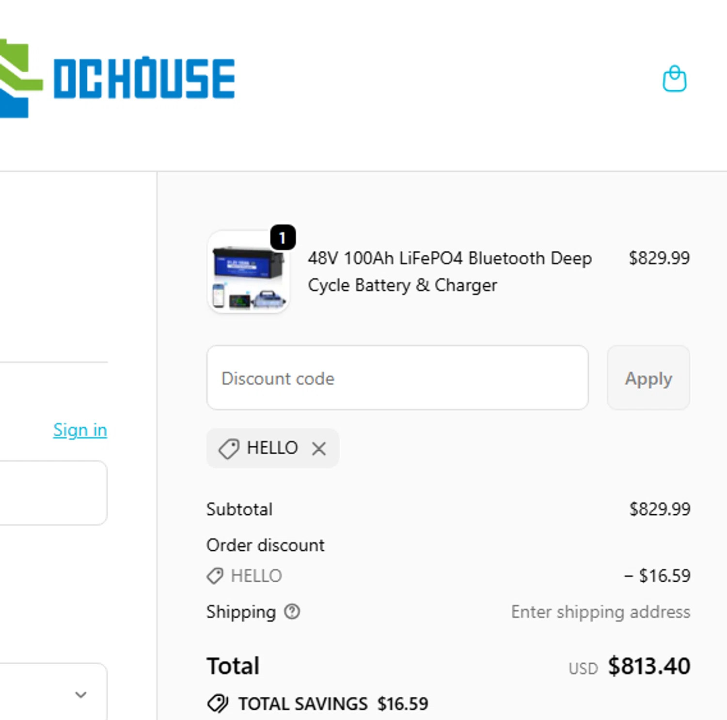 DC HOUSE discount code screenshot showing code HELLO applied at DC HOUSE checkout page. Uploaded by SimplyCodes community member PIONEER01 on Oct 2, 2025