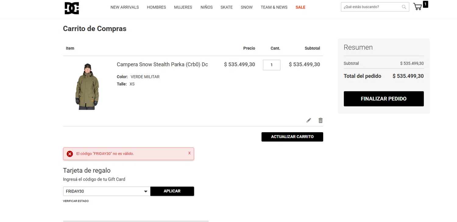DC Shoes promo code screenshot showing code FRIDAY30 applied at DC Shoes checkout page. Uploaded by SimplyCodes community member Kmacho on Aug 28, 2025