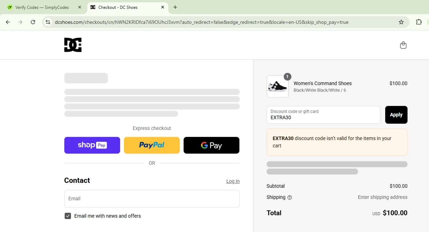 DC Shoes promo code screenshot showing code EXTRA30 applied at DC Shoes checkout page. Uploaded by SimplyCodes community member CoinSage1043 on Aug 28, 2025