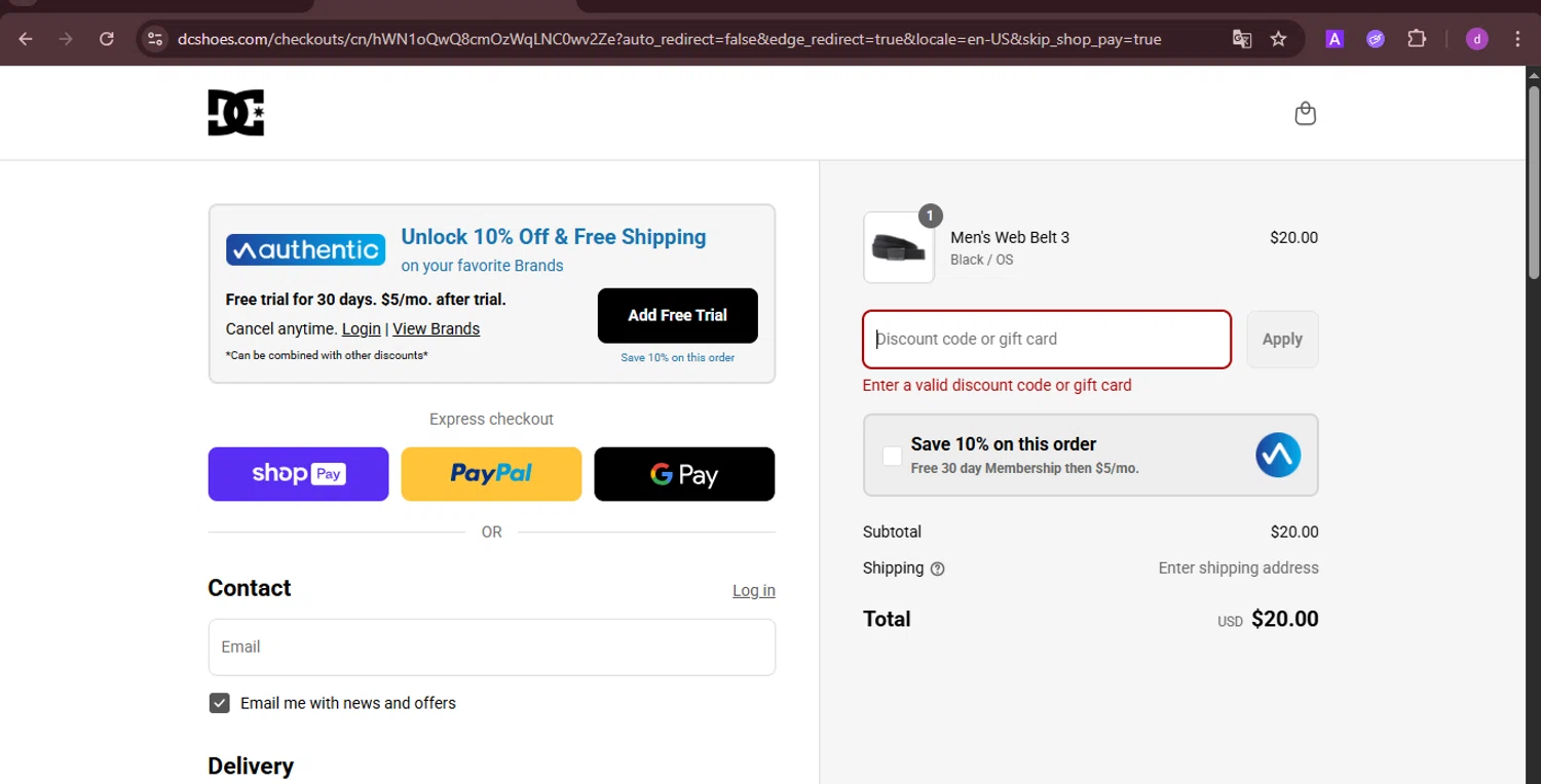DC Shoes promo code screenshot showing code EXTRA30 applied at DC Shoes checkout page. Uploaded by SimplyCodes community member PennyTiger4891 on Aug 15, 2025