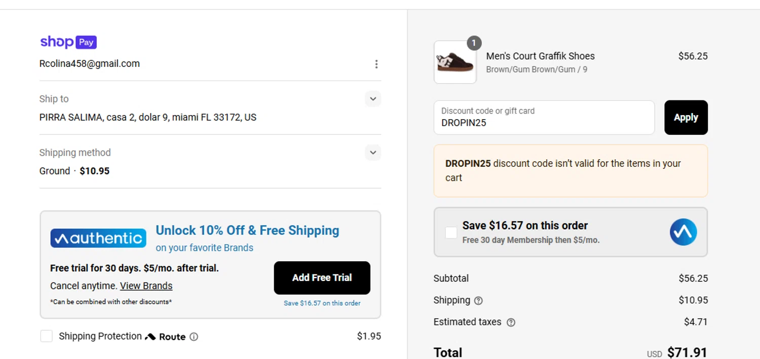 DC Shoes promo code screenshot showing code DROPIN25 applied at DC Shoes checkout page. Uploaded by SimplyCodes community member Acidwire on Jul 12, 2025