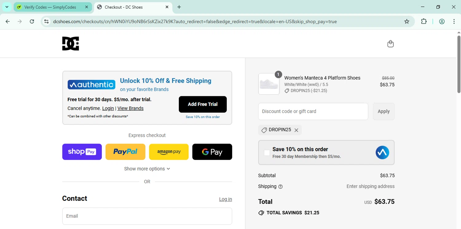 DC Shoes promo code screenshot showing code DROPIN25 applied at DC Shoes checkout page. Uploaded by SimplyCodes community member Morketools on Jul 17, 2025
