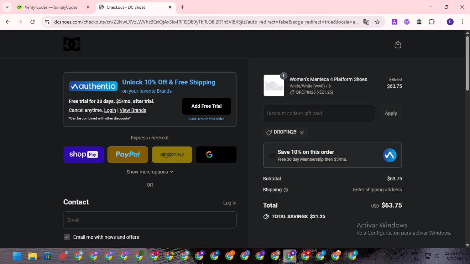 DC Shoes promo code screenshot showing code DROPIN25 applied at DC Shoes checkout page. Uploaded by SimplyCodes community member WonderLion2890 on Jul 3, 2025