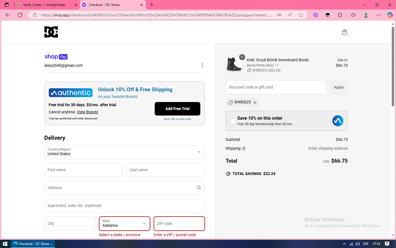 DC Shoes promo code screenshot showing code shred25 applied at DC Shoes checkout page. Uploaded by SimplyCodes community member CashCollector4109 on Jun 1, 2025