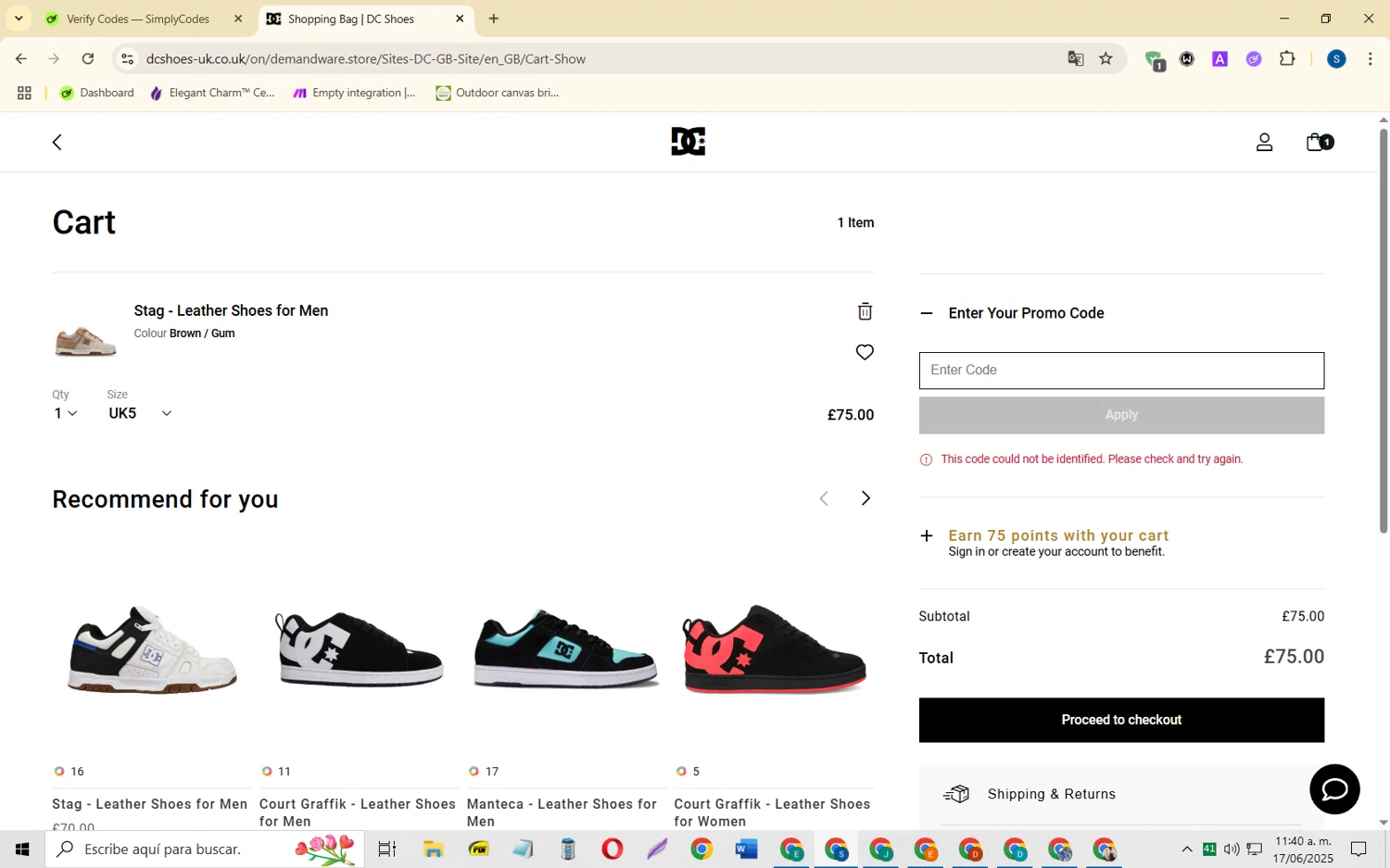 DC Shoes promo code screenshot showing code shred25 applied at DC Shoes checkout page. Uploaded by SimplyCodes community member CleverOwl2485 on Jun 17, 2025