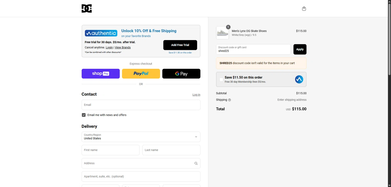 DC Shoes promo code screenshot showing code shred25 applied at DC Shoes checkout page. Uploaded by SimplyCodes community member FortunateElite6708 on Jun 17, 2025